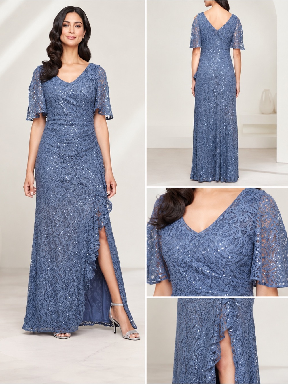 Alex Evenings Wedgewood Blue Sequin Lace Formal Gown Size 14 NWT